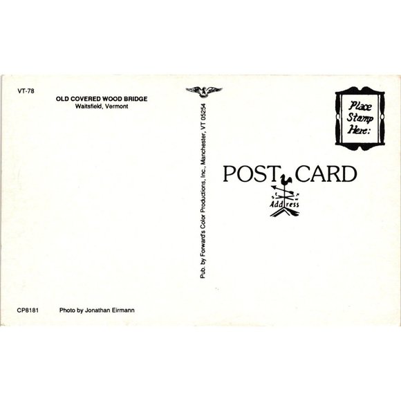 Old Covered Wood Bridge Postcard Travel Souvenir Unposted Waitsfield Vermont - Picture 2 of 2